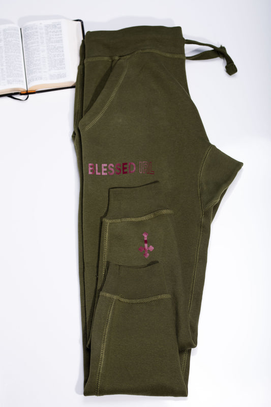 ARMY GREEN "BLESSED IRL" PREMIUM FLEECE JOGGERS (Ringspun Cotton)